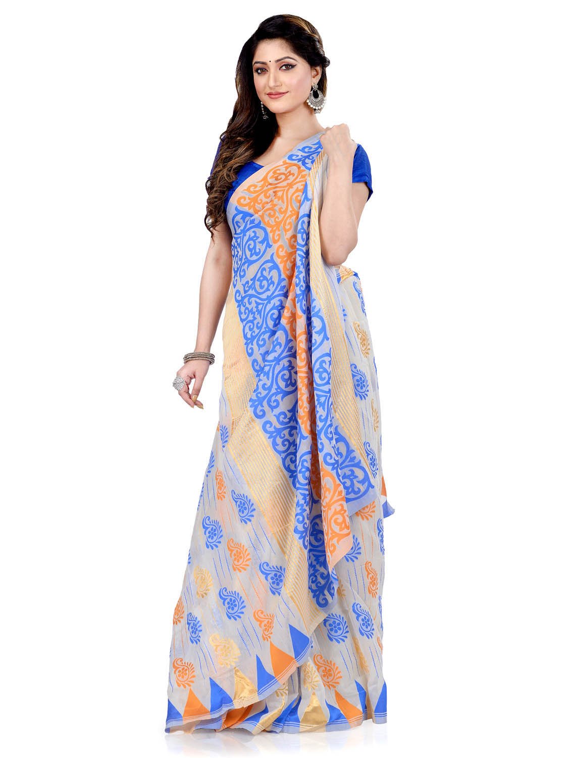 Women`s Handloom Soft Resham Dhakai jamdani Bengal Cotton Silk Tant Saree Whole Body Kolka Design with Blouse Pcs (Blue Orange)